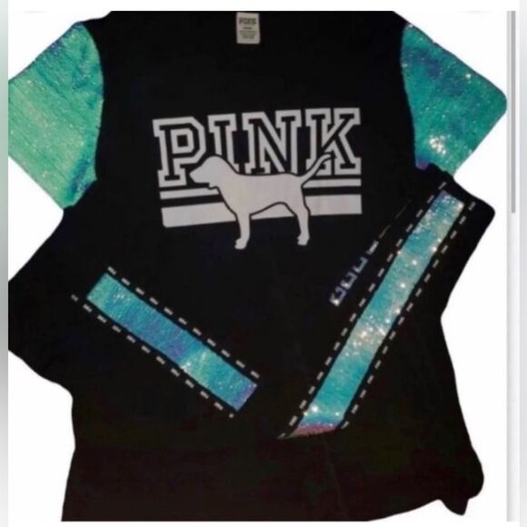 PINK VS MERMAID BLING TSHIRT / YOGA LEGGINGS SEQUINS OUTFIT SET S - Picture 4 of 13